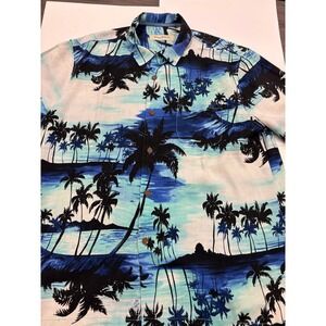 Tommy Bahama Silk Hawaiian Shirt Mens L Blue Palm Tree Beach Aloha